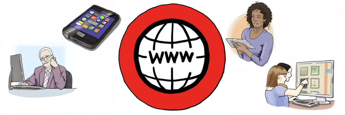 Bild zeigt das Symbol vom World Wide Web und verschiedene Geräte mit denen Informationen abgerufen werden können
